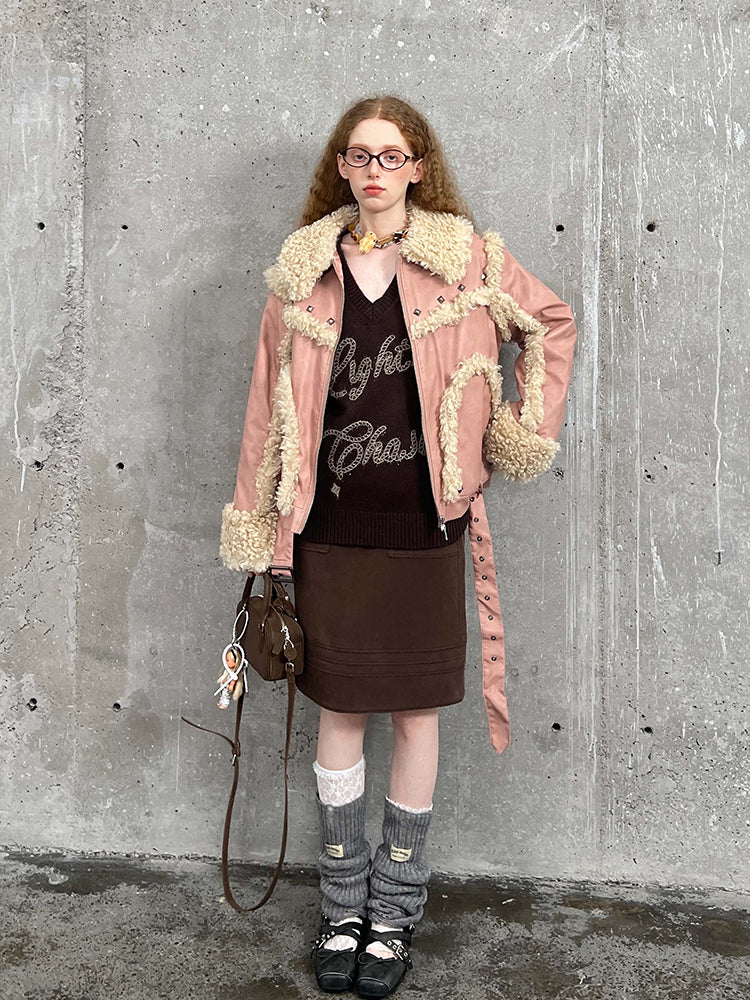 Quilted Lined Studded Faux Leather Jacket With Fur