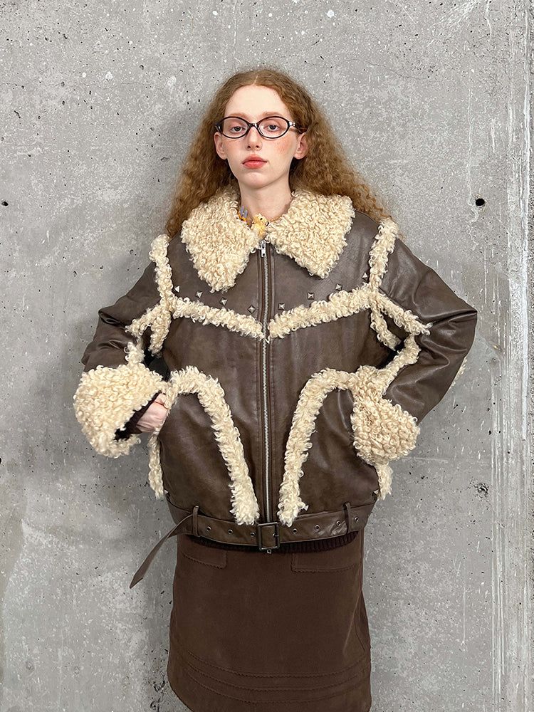 Quilted Lined Studded Faux Leather Jacket With Fur