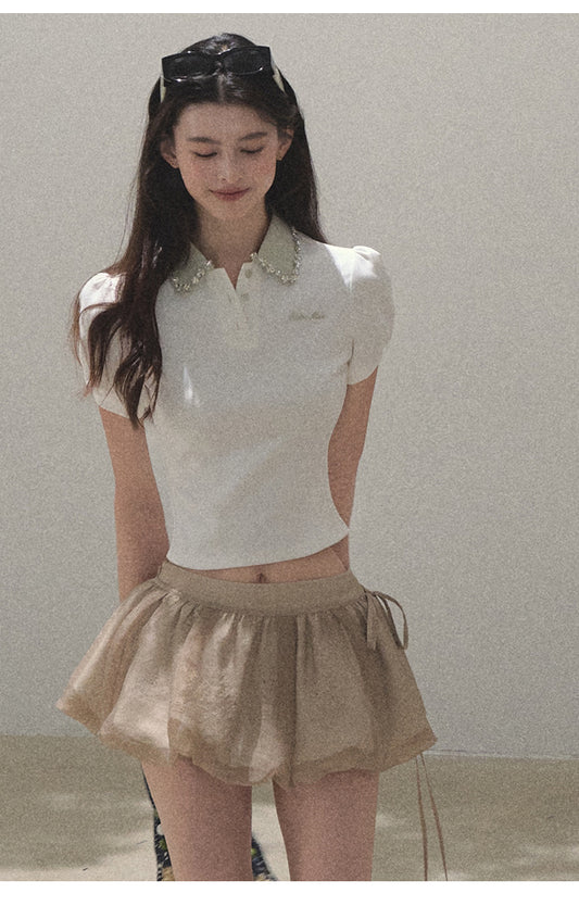 Puff-Sleeve Bijou Accent Polo Shirt