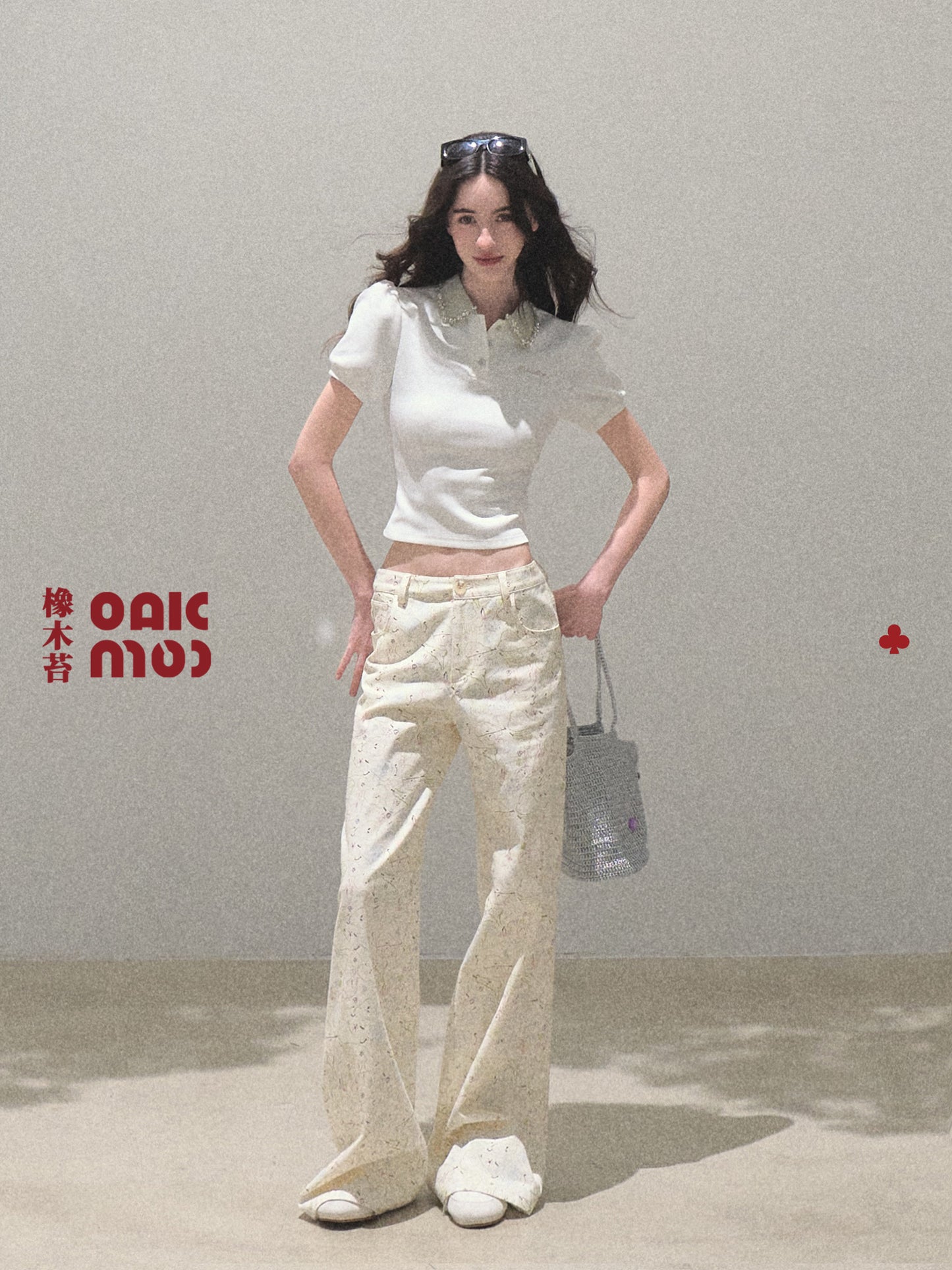 Puff-Sleeve Bijou Accent Polo Shirt
