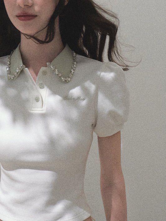 Puff-Sleeve Bijou Accent Polo Shirt