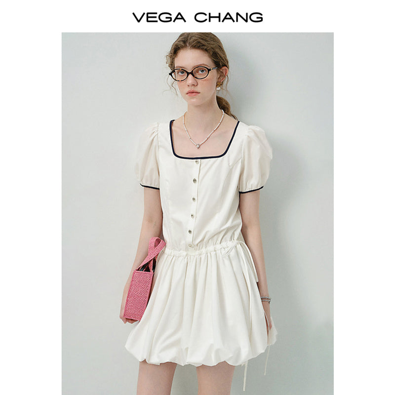 Contrast-Trimmed Bubble Dress With Adjustable Waist