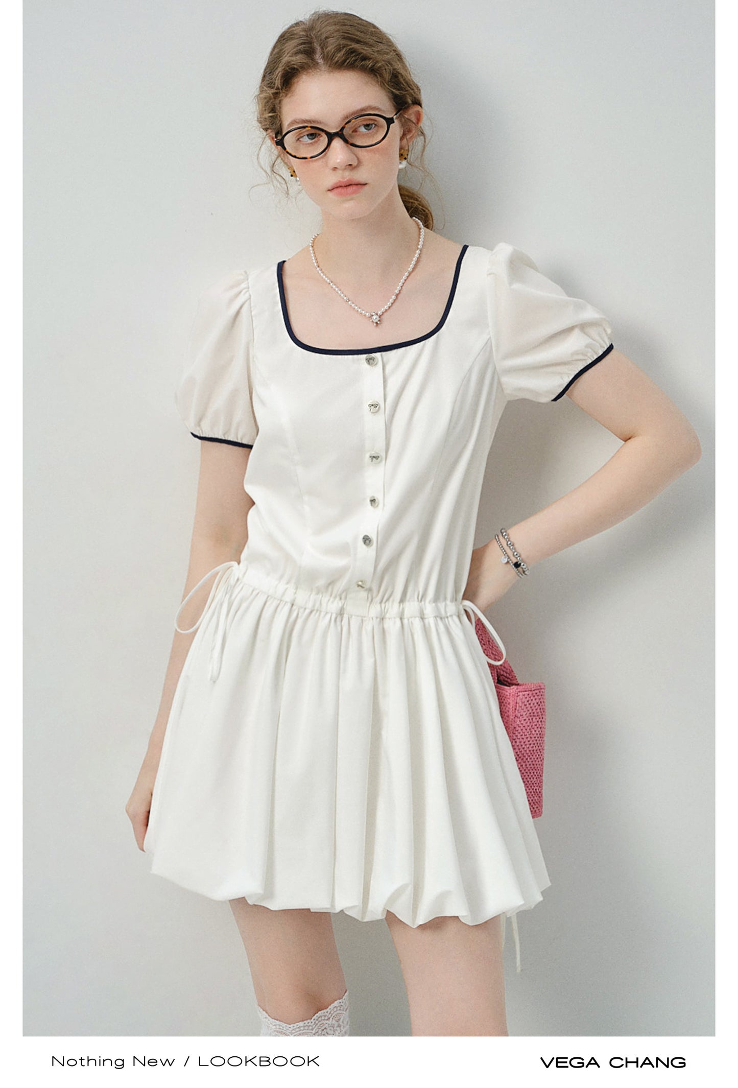 Contrast-Trimmed Bubble Dress With Adjustable Waist