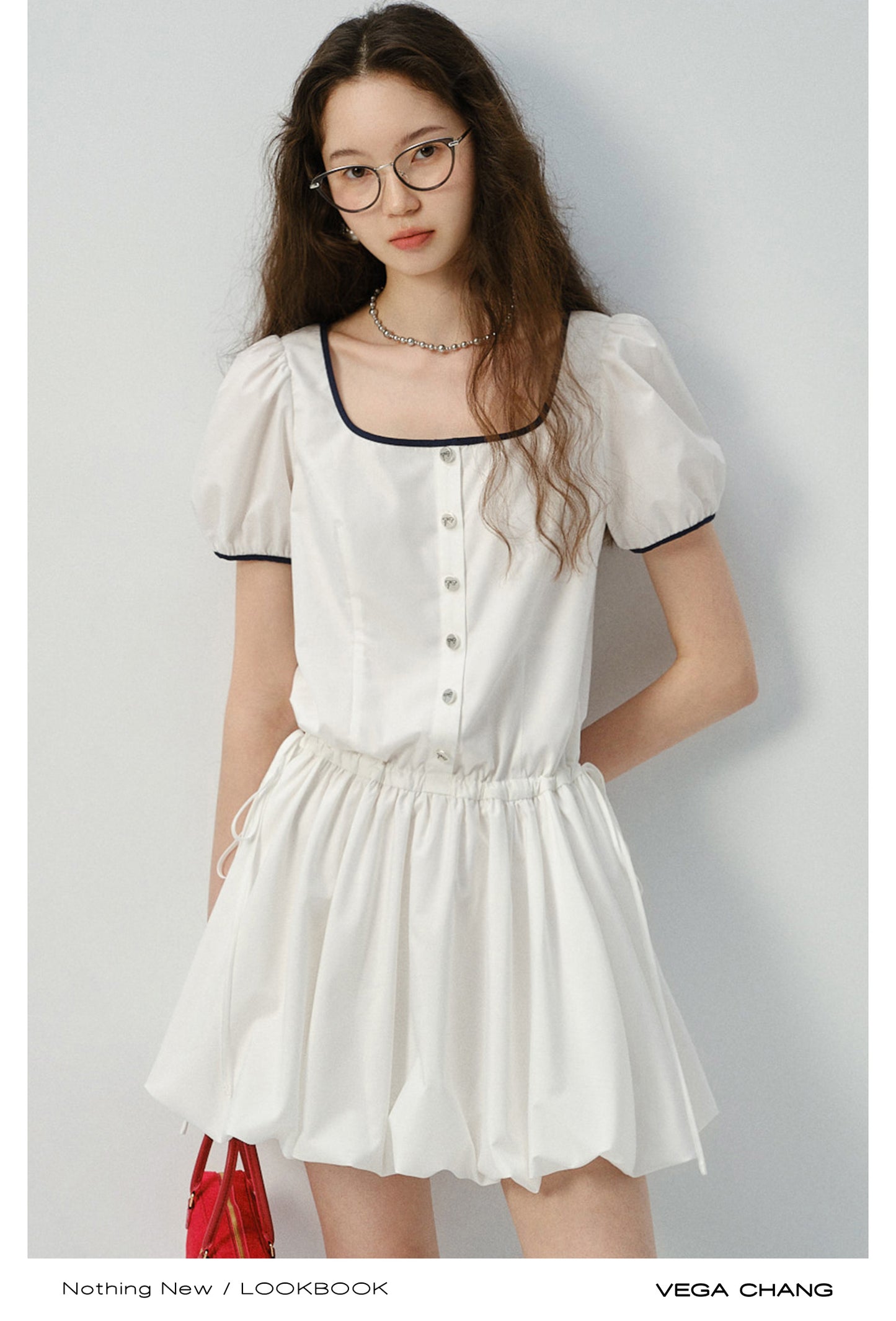 Contrast-Trimmed Bubble Dress With Adjustable Waist