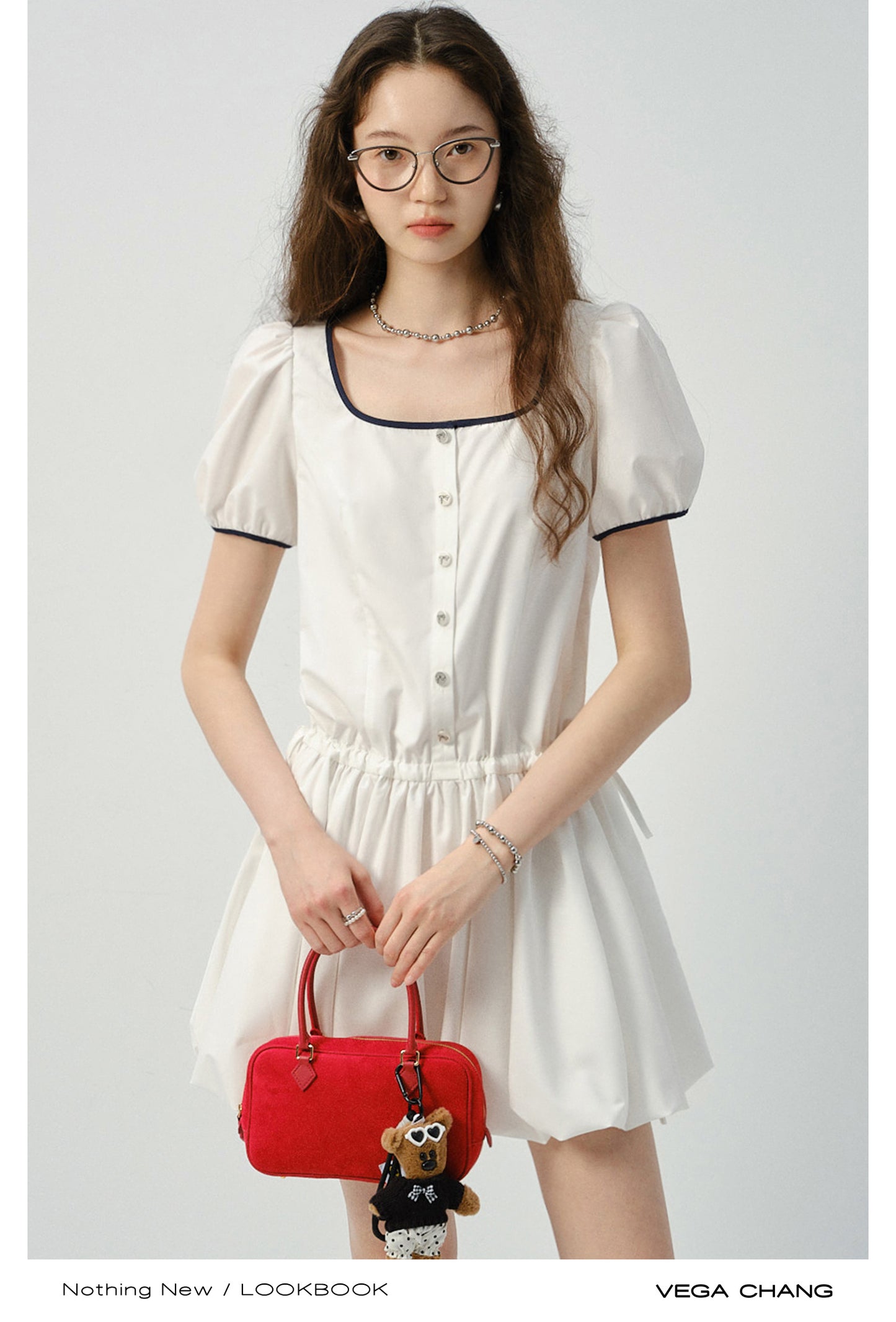 Contrast-Trimmed Bubble Dress With Adjustable Waist