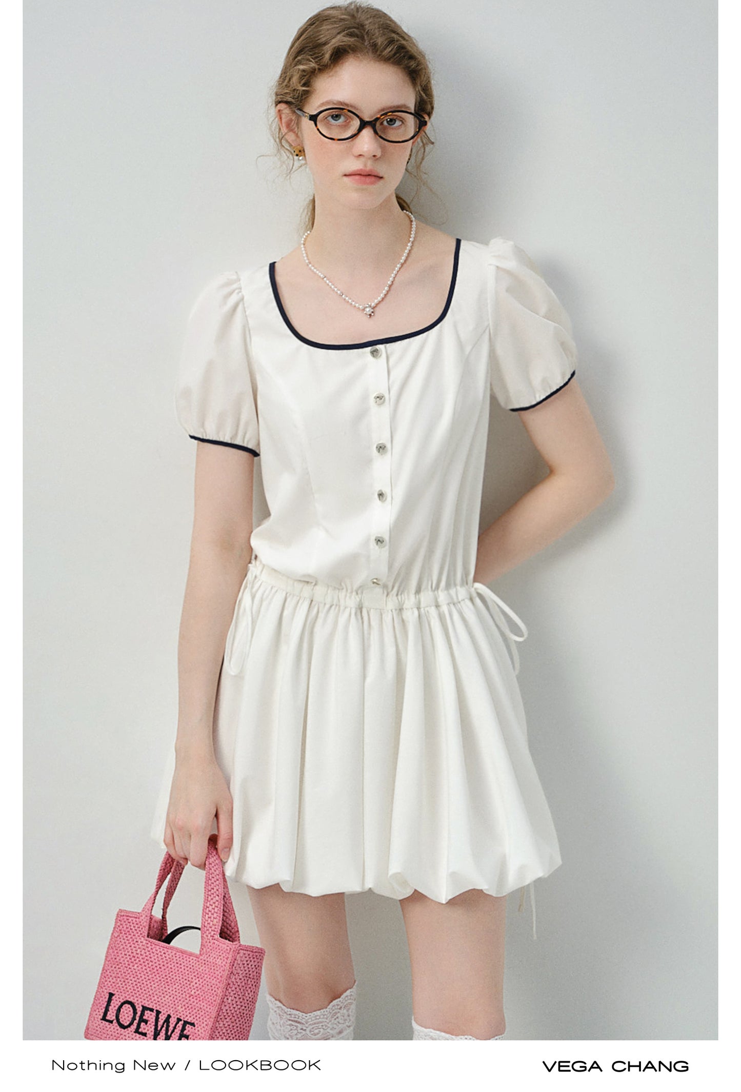 Contrast-Trimmed Bubble Dress With Adjustable Waist