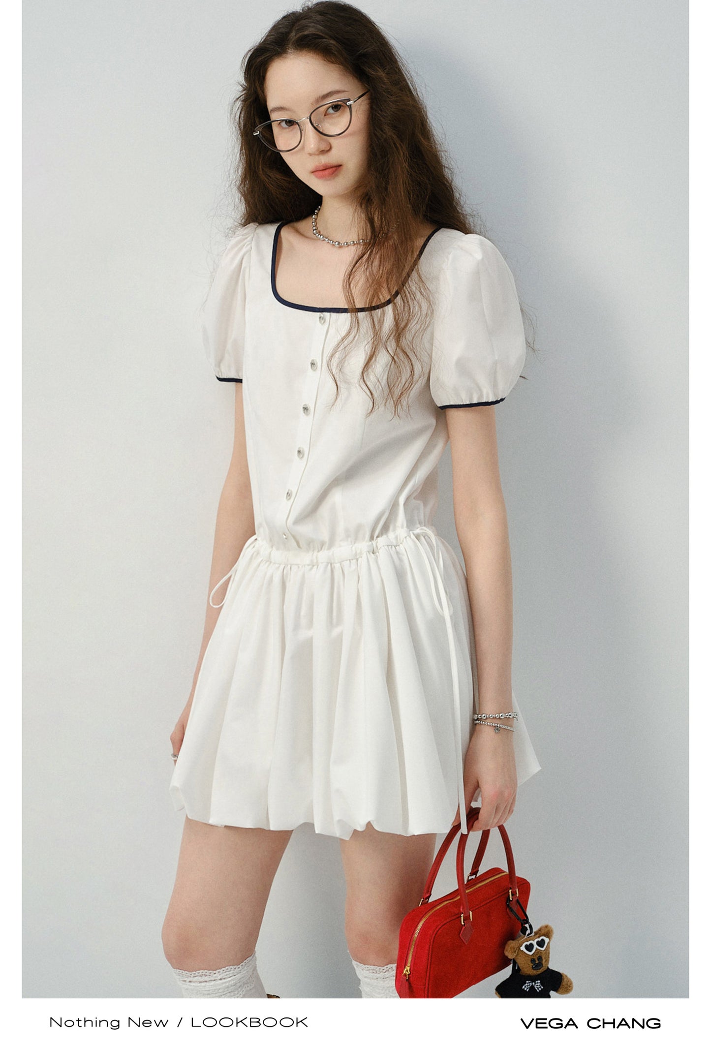 Contrast-Trimmed Bubble Dress With Adjustable Waist