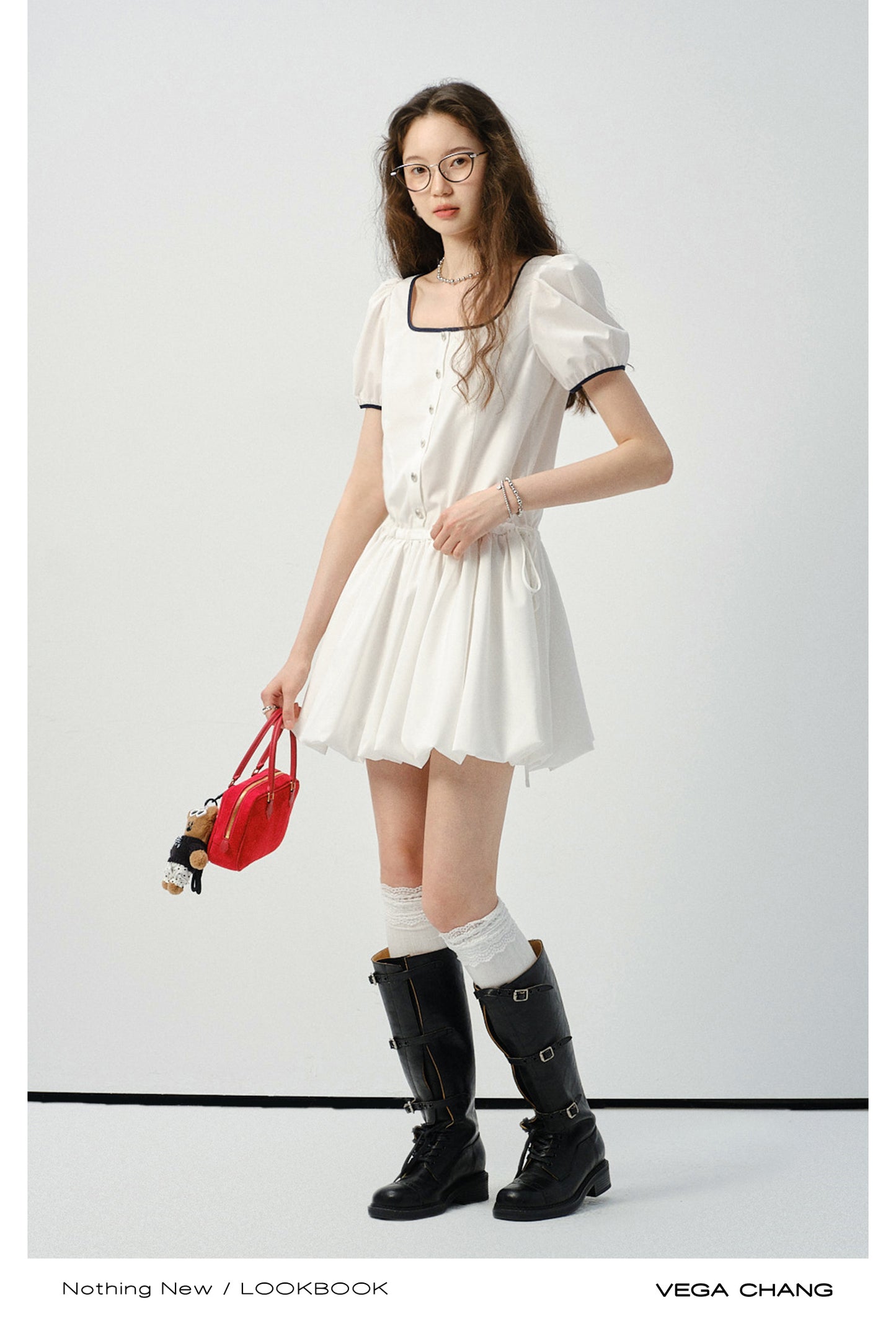 Contrast-Trimmed Bubble Dress With Adjustable Waist