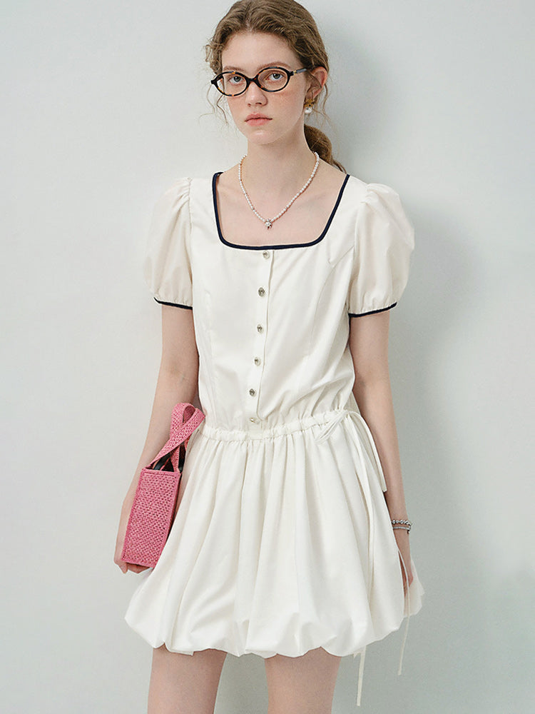 Contrast-Trimmed Bubble Dress With Adjustable Waist