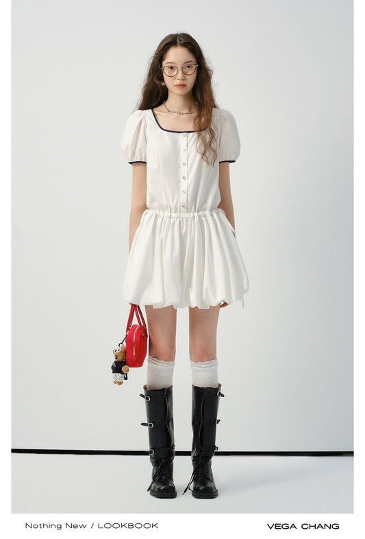 Contrast-Trimmed Bubble Dress With Adjustable Waist
