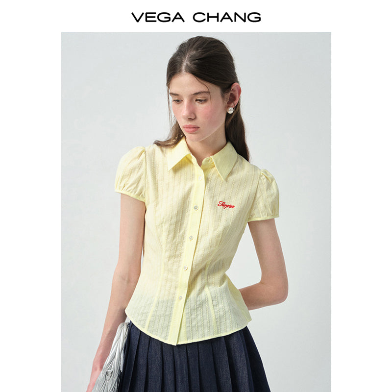 Puff-Sleeve Embroidered Blouse With Curved Hem