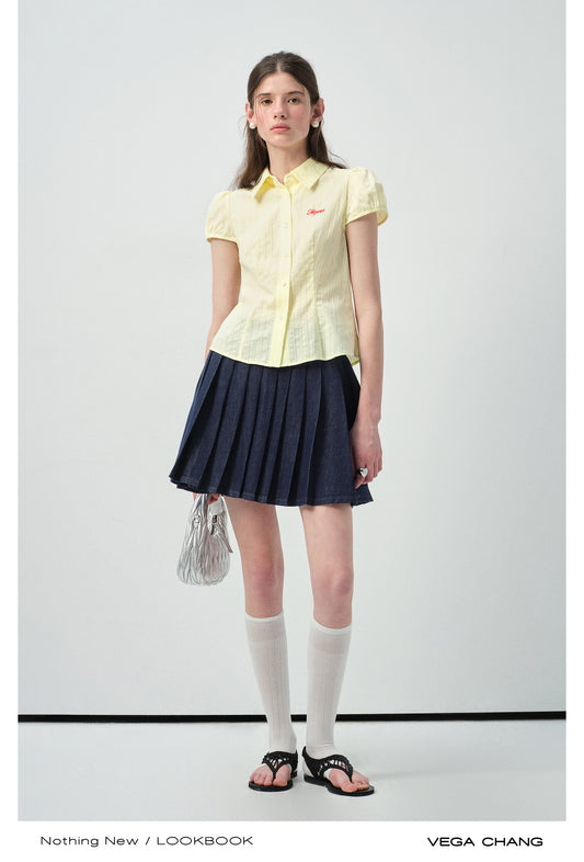 Puff-Sleeve Embroidered Blouse With Curved Hem