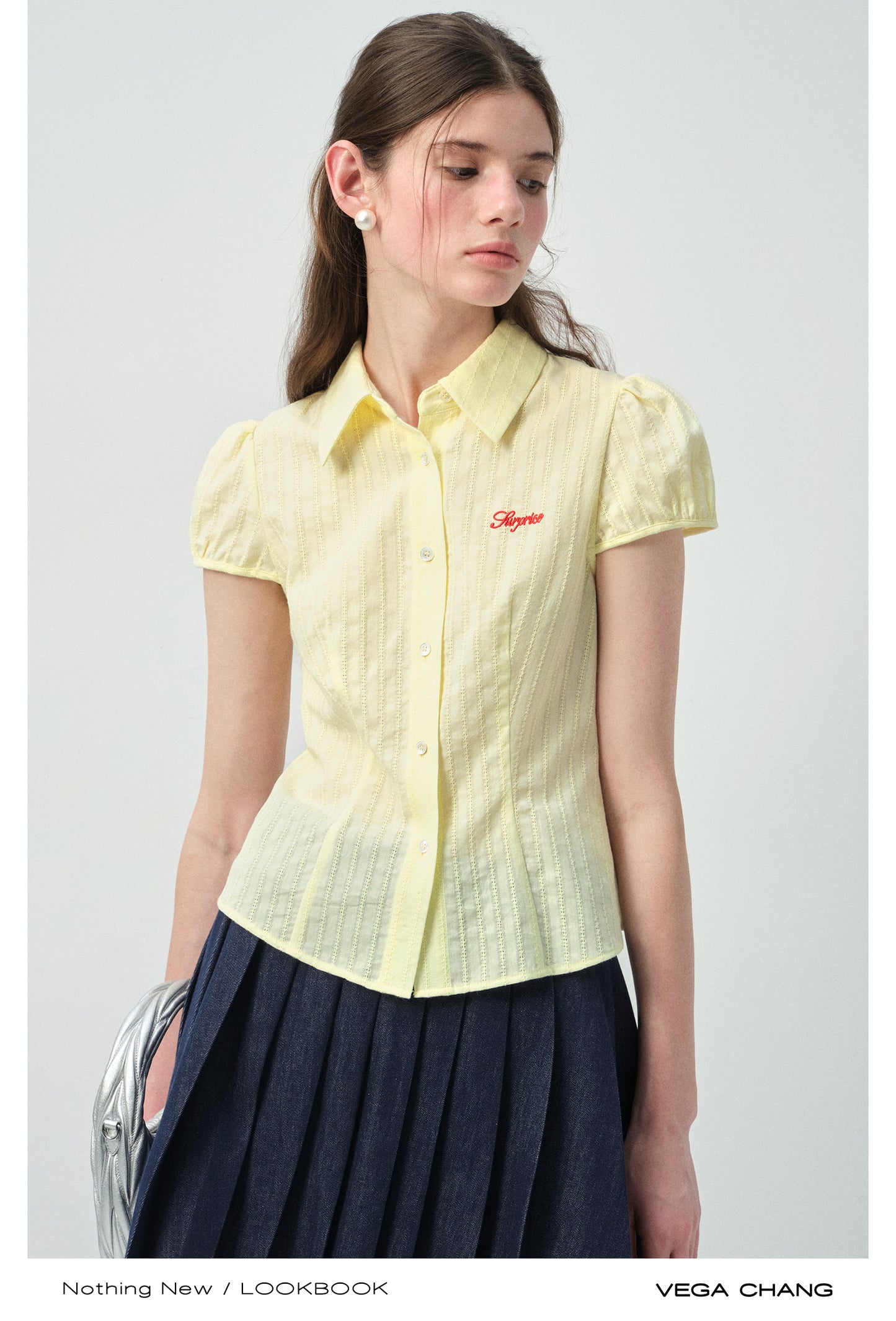 Puff-Sleeve Embroidered Blouse With Curved Hem