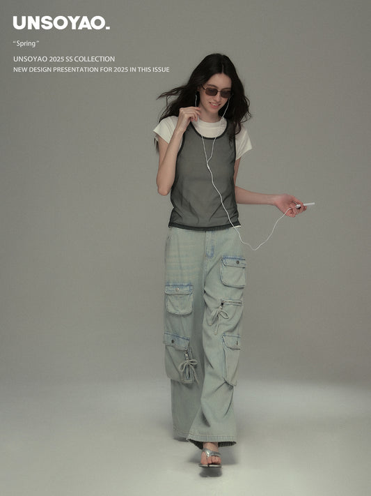 Washed Jeans With Asymmetric Side Pockets