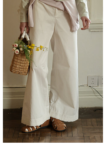 Wide-Leg Straight Pants With Lace-Trimmed Hem
