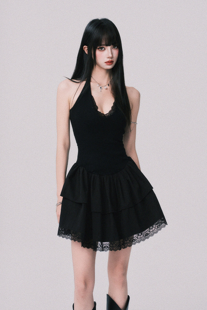 Lace-Detail Halter Fit & Flare Dress