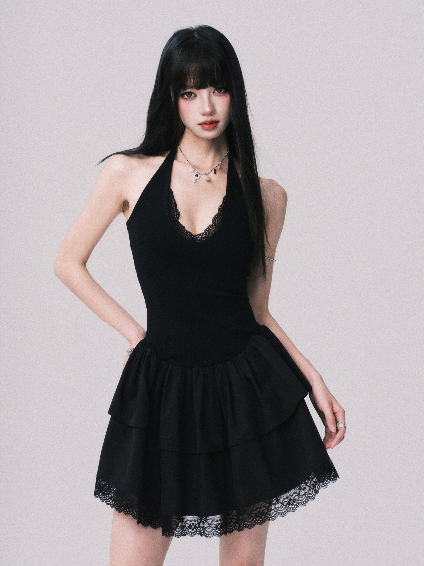 Lace-Detail Halter Fit & Flare Dress