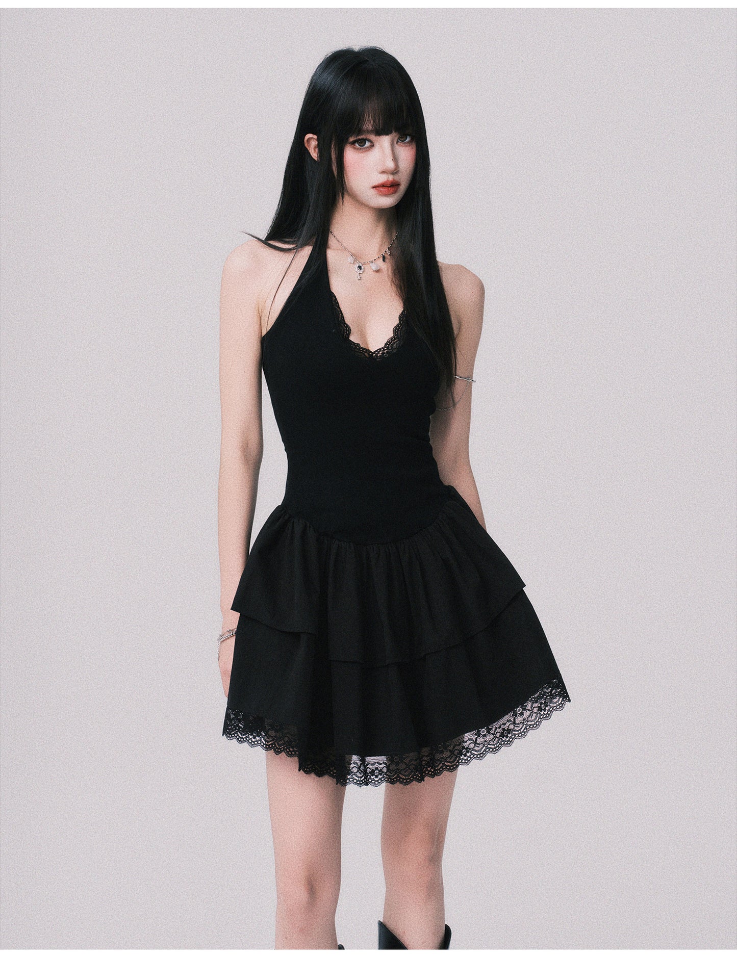 Lace-Detail Halter Fit & Flare Dress