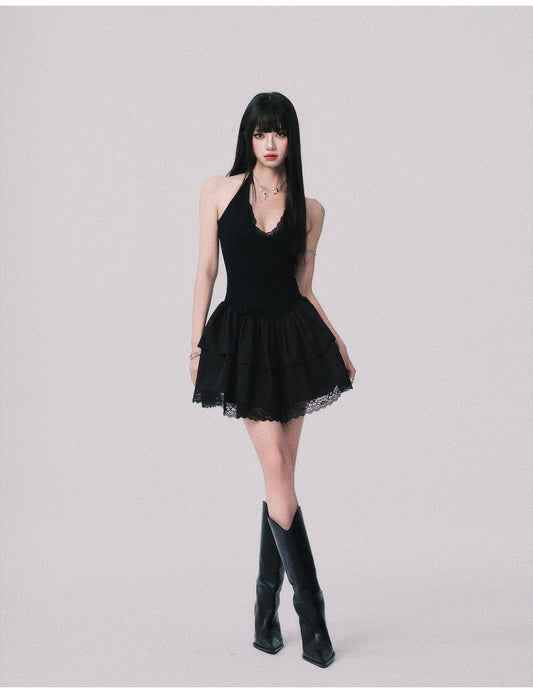 Lace-Detail Halter Fit & Flare Dress