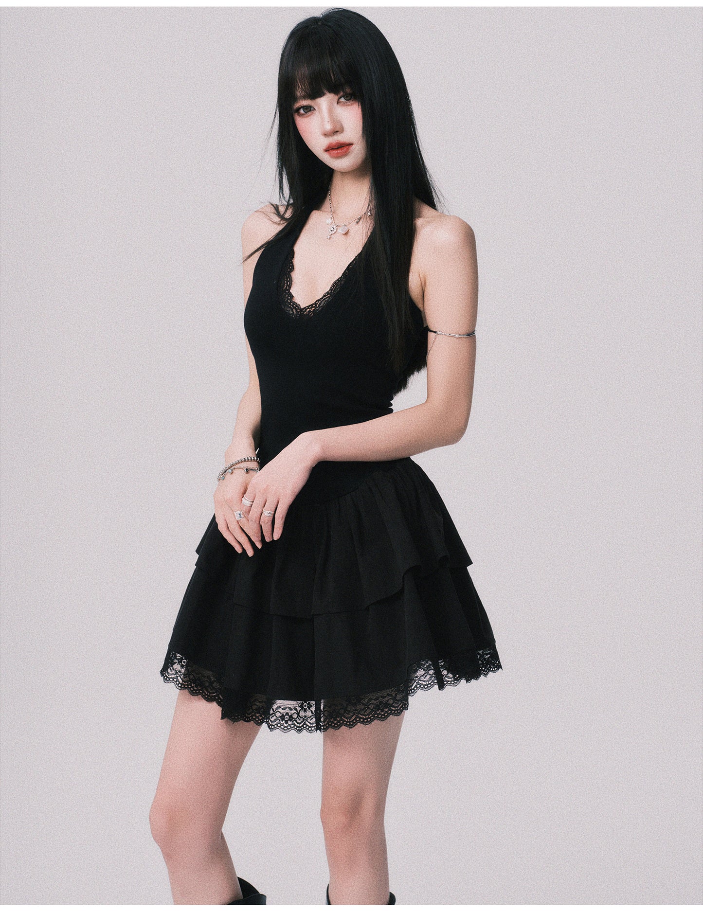 Lace-Detail Halter Fit & Flare Dress