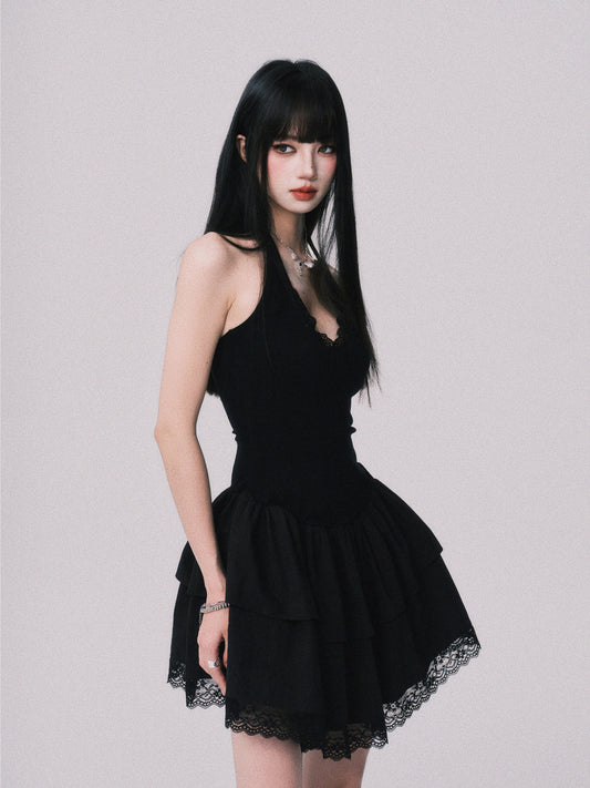 Lace-Detail Halter Fit & Flare Dress