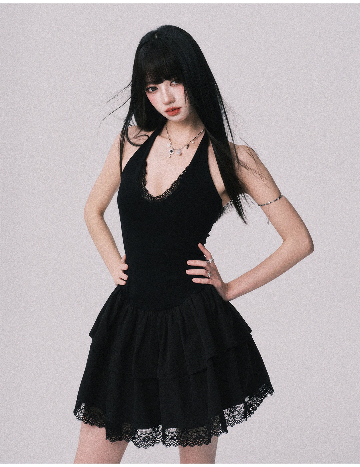 Lace-Detail Halter Fit & Flare Dress