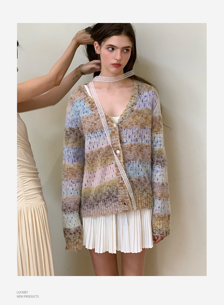 Striped V-Neck Open-Knit Cardigan