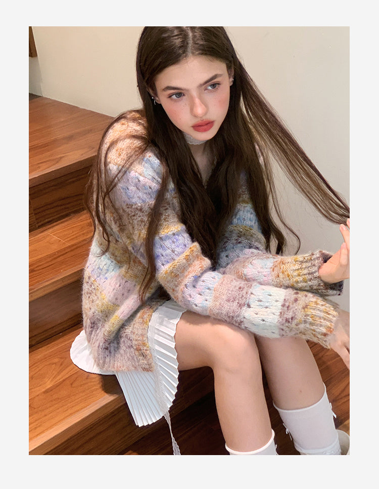 Striped V-Neck Open-Knit Cardigan
