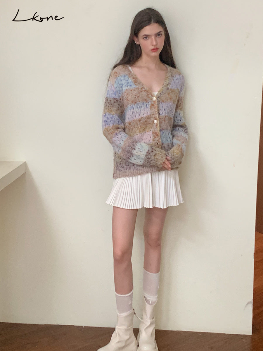 Striped V-Neck Open-Knit Cardigan