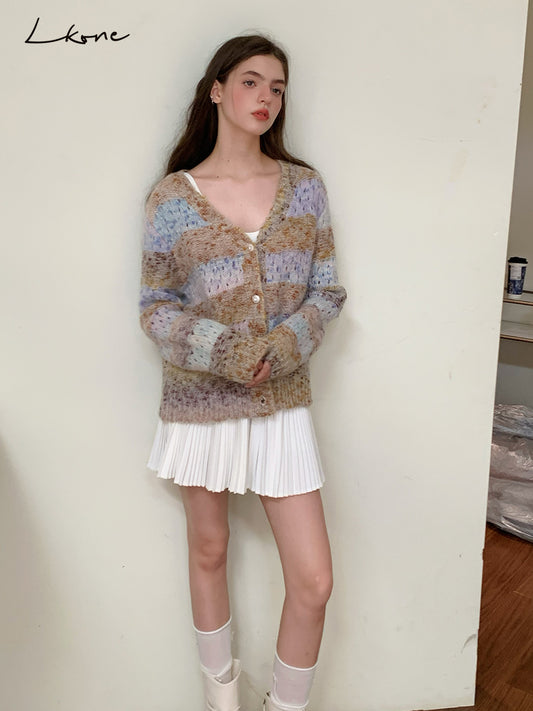 Striped V-Neck Open-Knit Cardigan