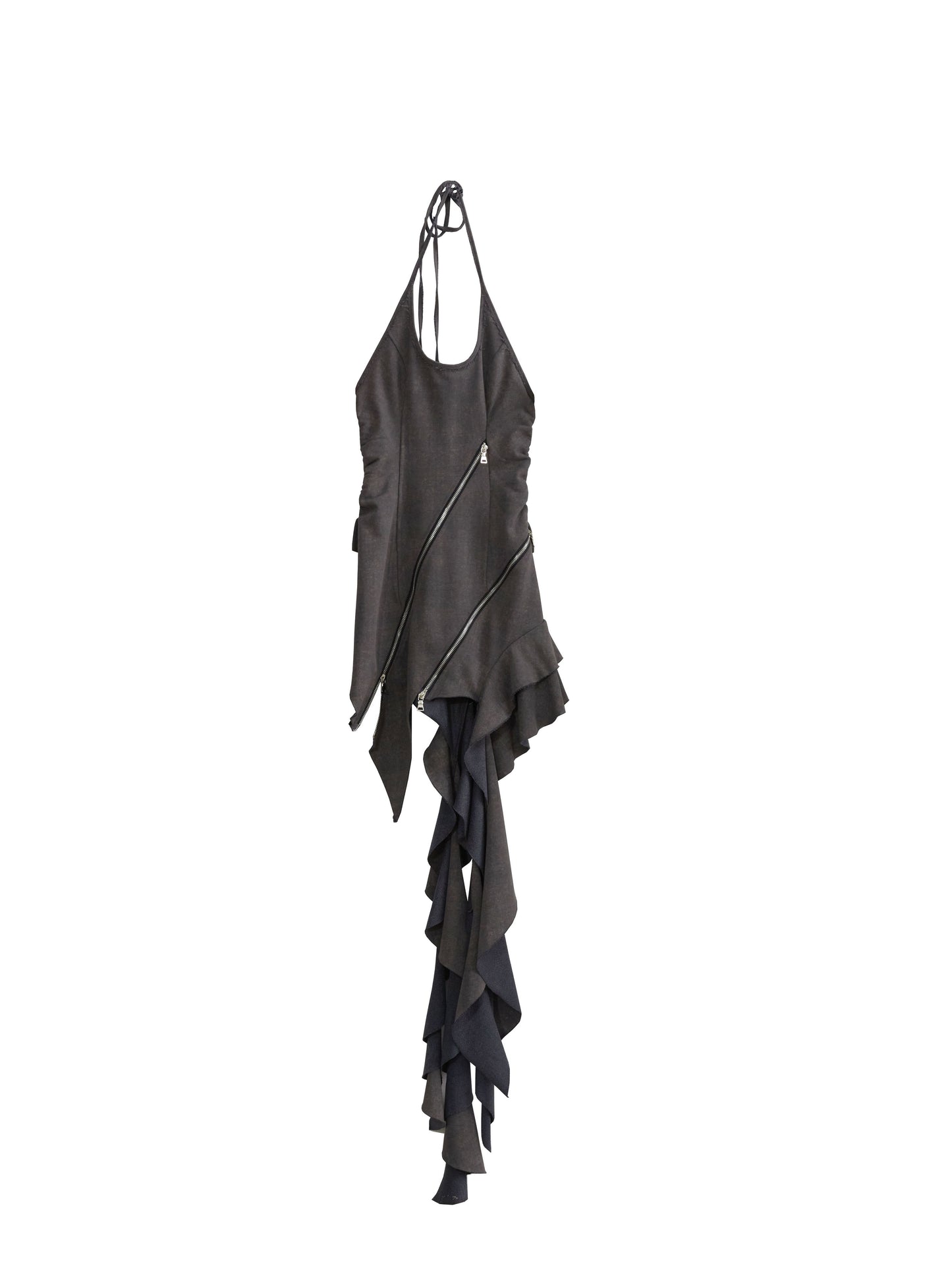 Double-Zip Asymmetric Halter Dress