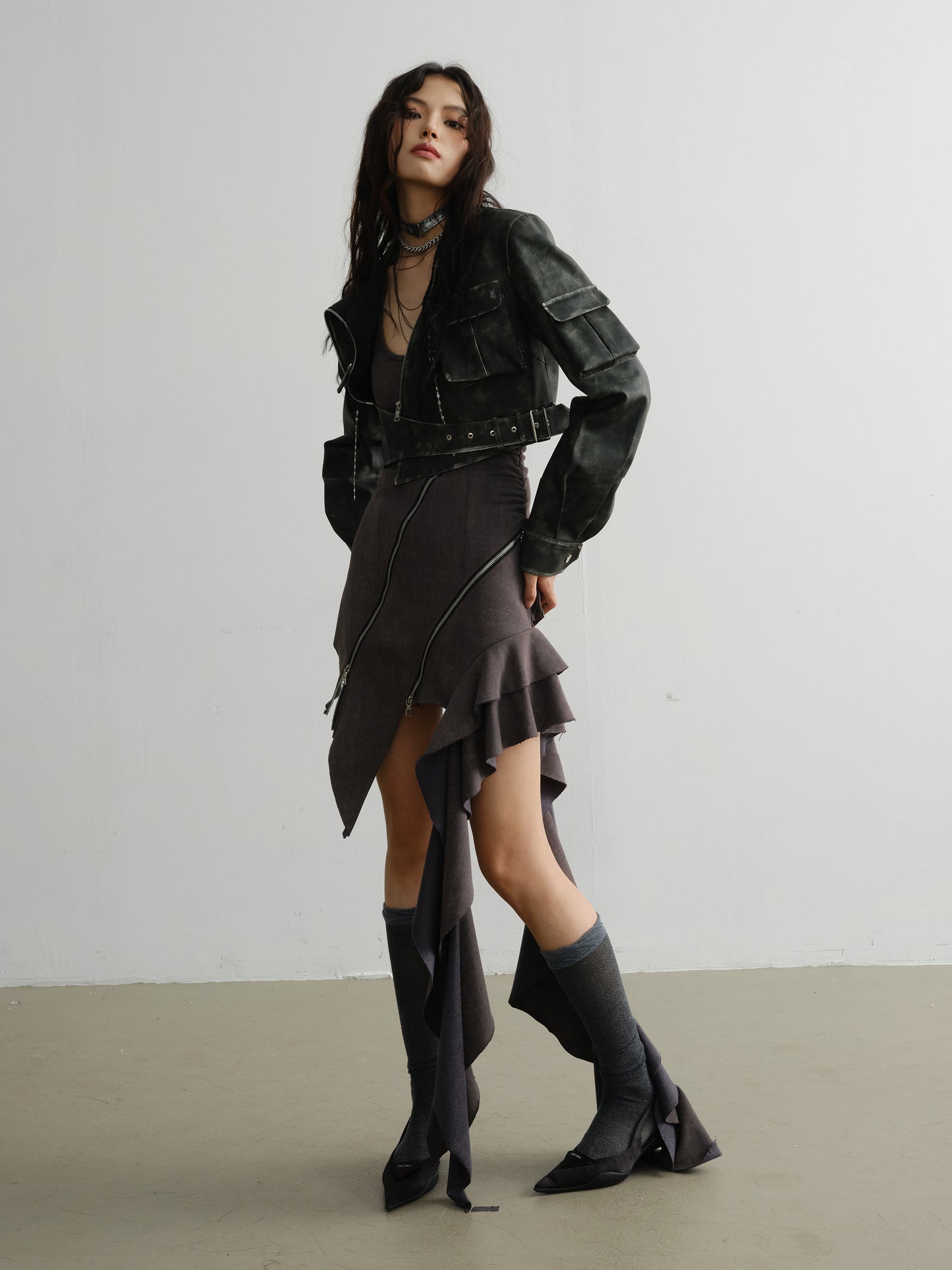 Double-Zip Asymmetric Halter Dress