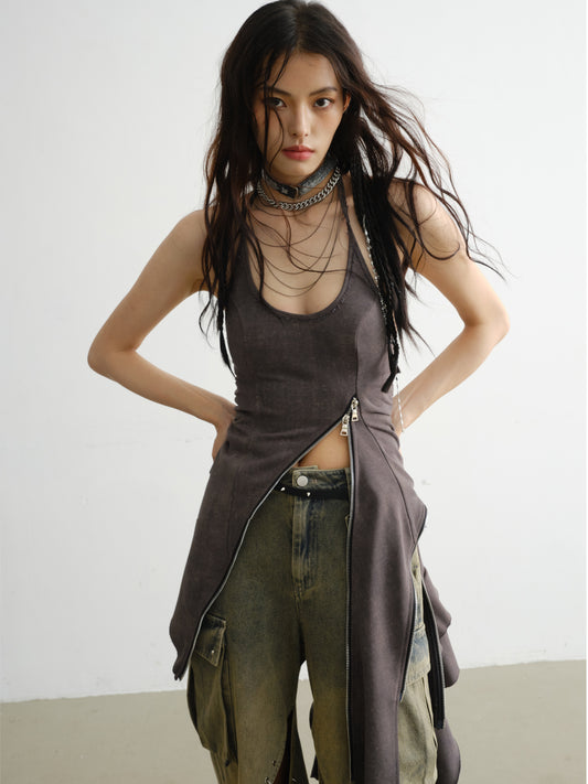 Double-Zip Asymmetric Halter Dress