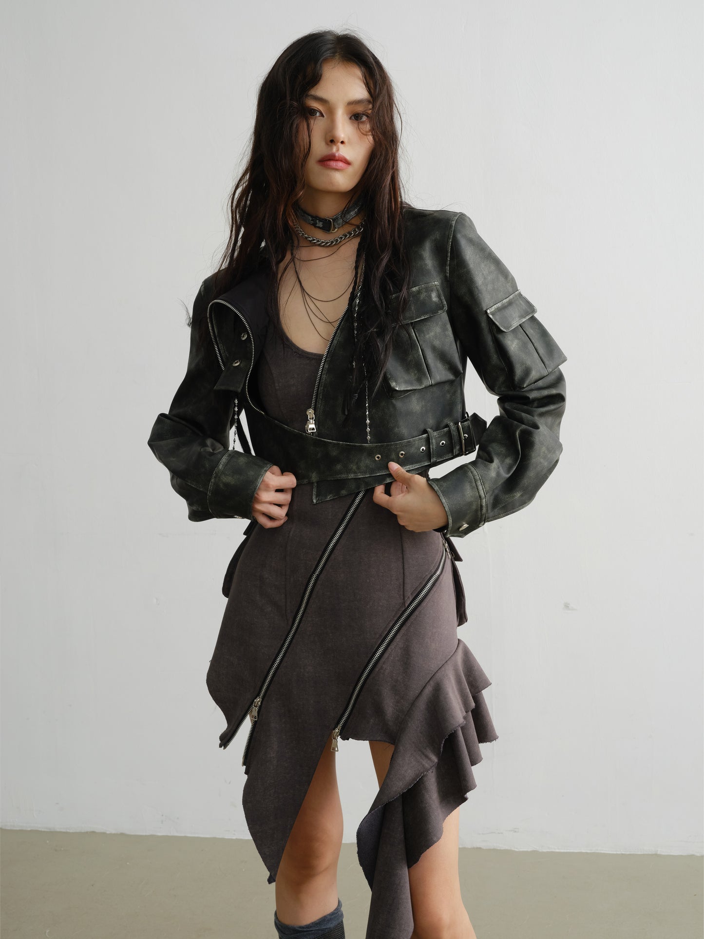 Double-Zip Asymmetric Halter Dress