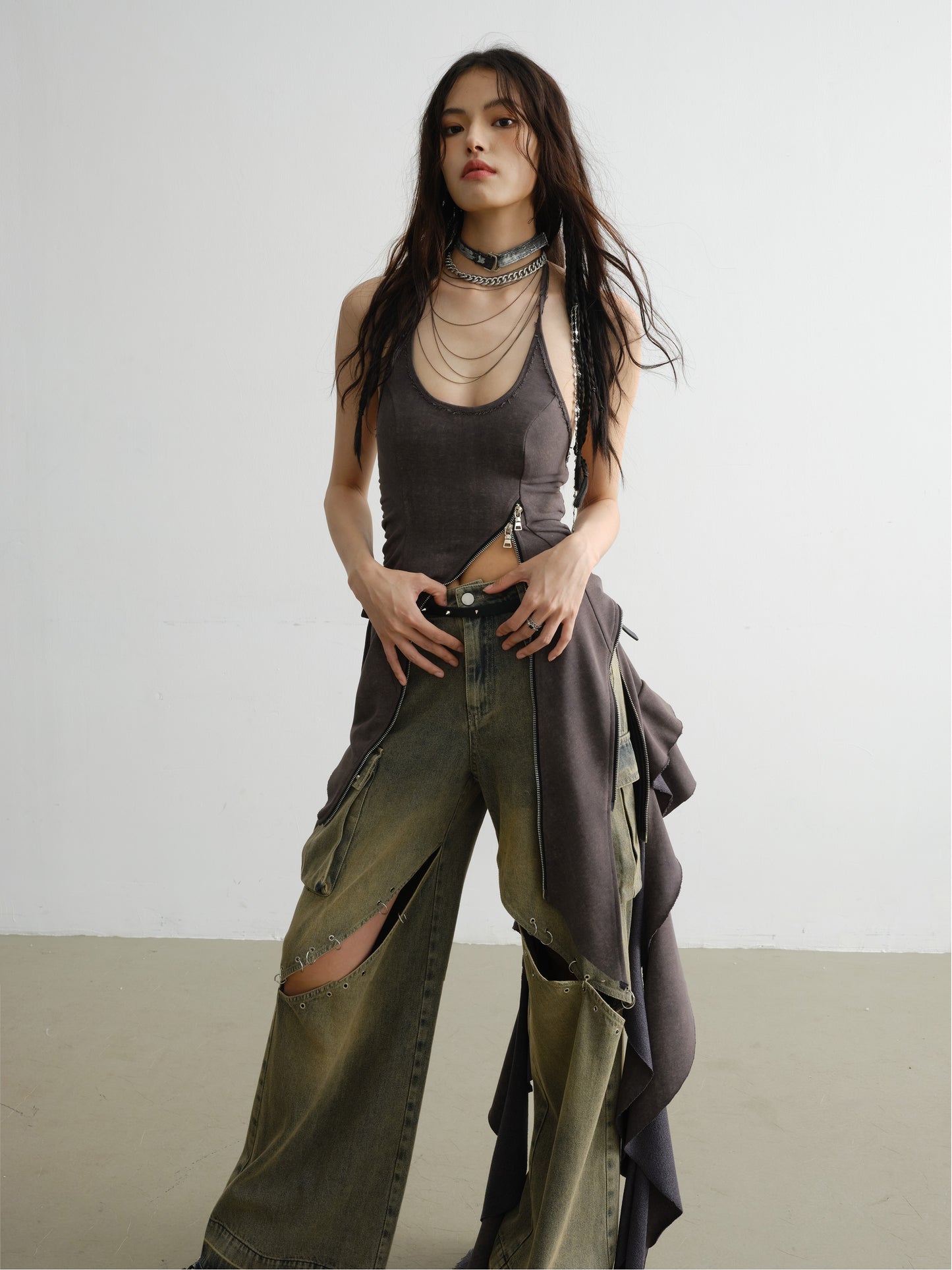 Double-Zip Asymmetric Halter Dress