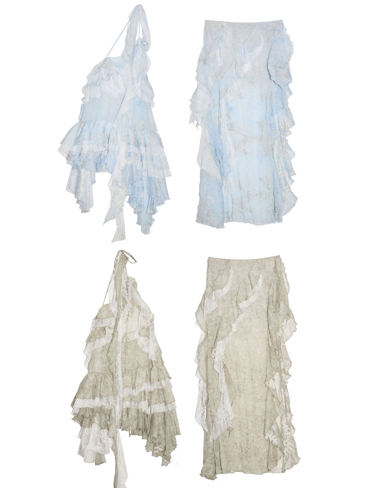 Asymmetric Sheer Ruffled Two-Piece Dress