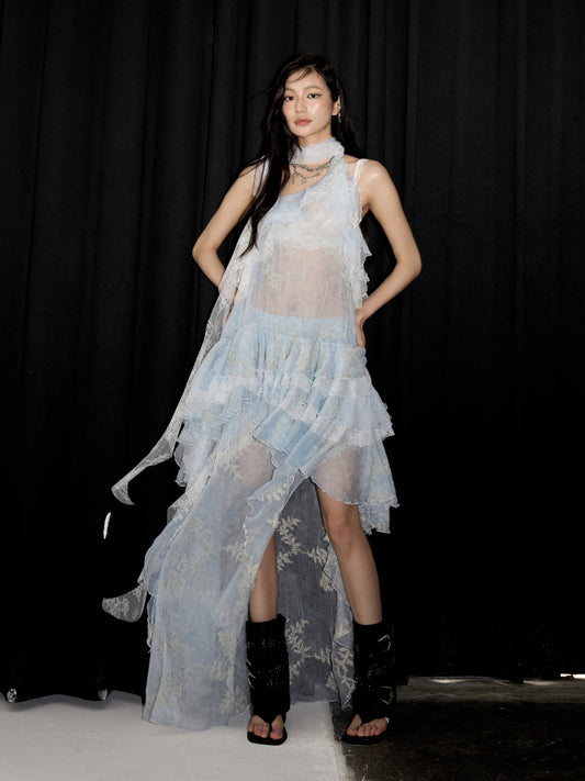 Asymmetric Sheer Ruffled Two-Piece Dress