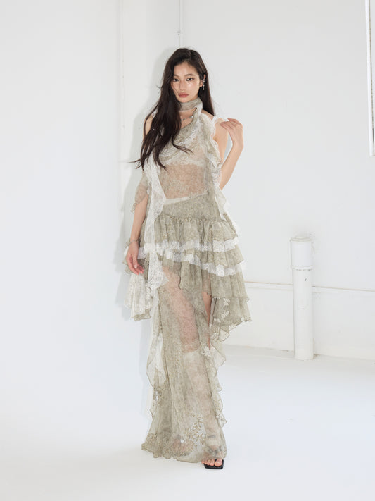 Asymmetric Sheer Ruffled Two-Piece Dress