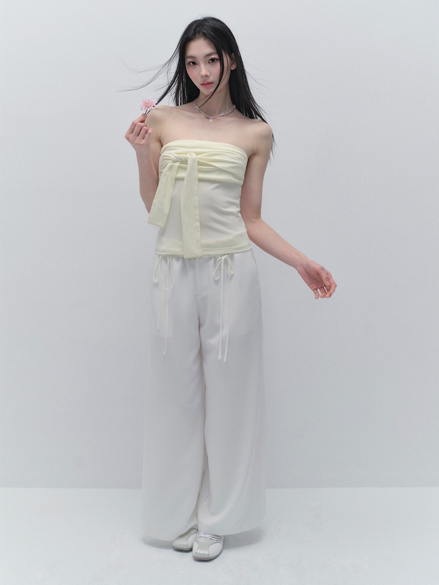 Wide-Leg Paperbag Twill Pants