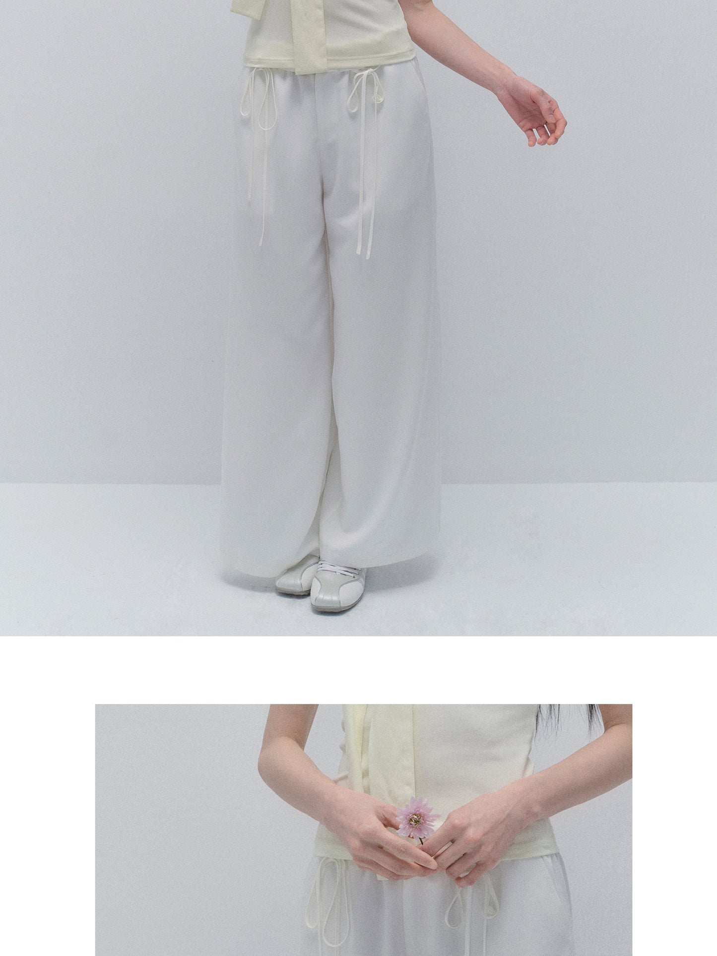 Wide-Leg Paperbag Twill Pants