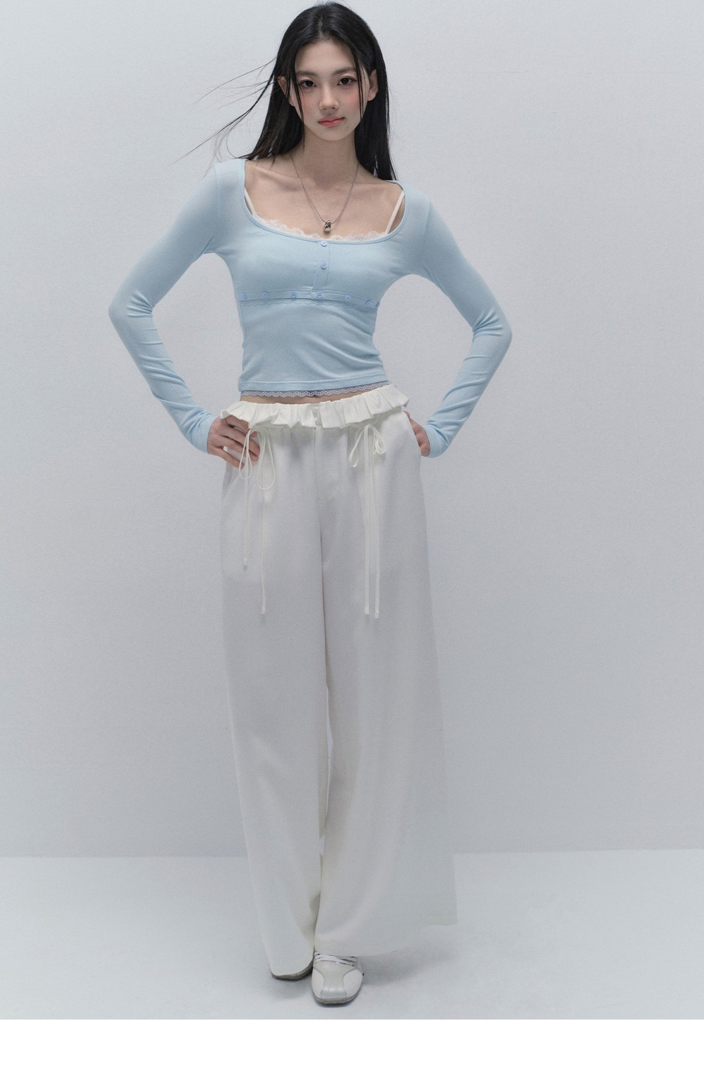 Wide-Leg Paperbag Twill Pants