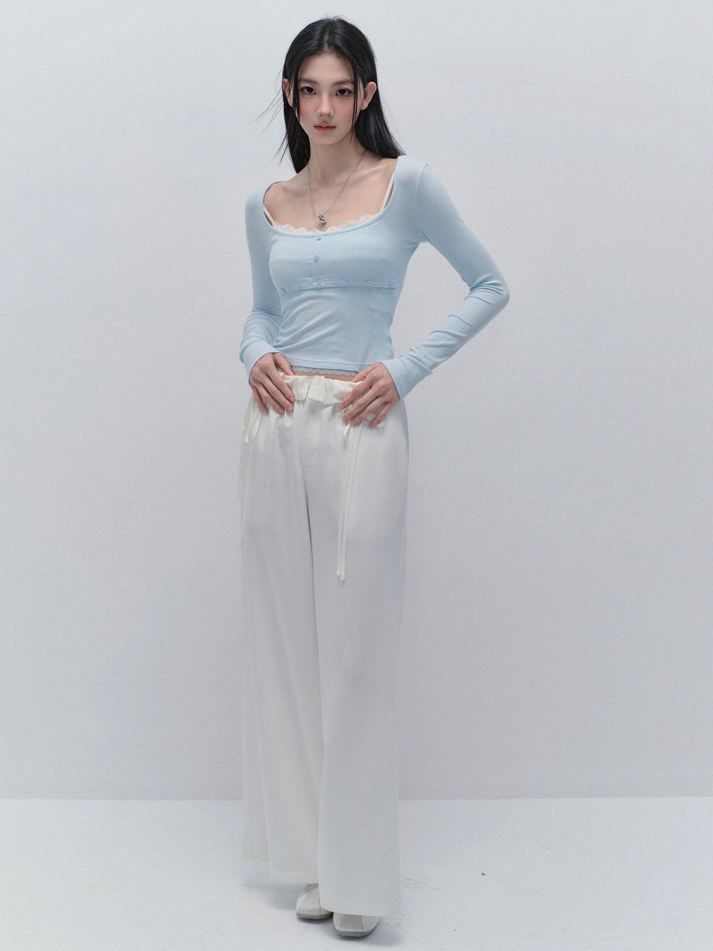 Wide-Leg Paperbag Twill Pants