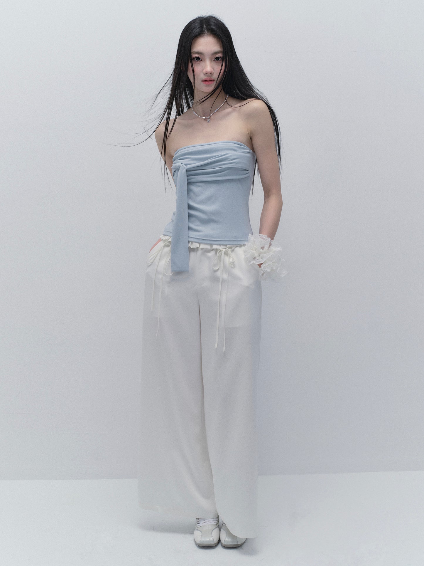 Wide-Leg Paperbag Twill Pants