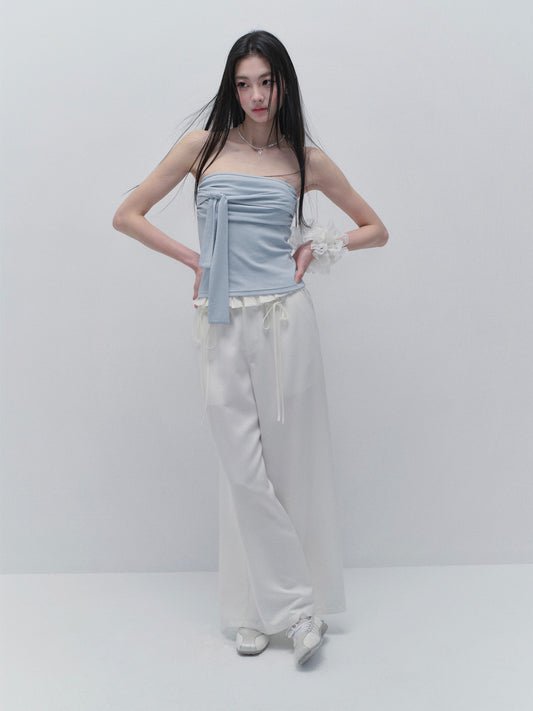 Wide-Leg Paperbag Twill Pants