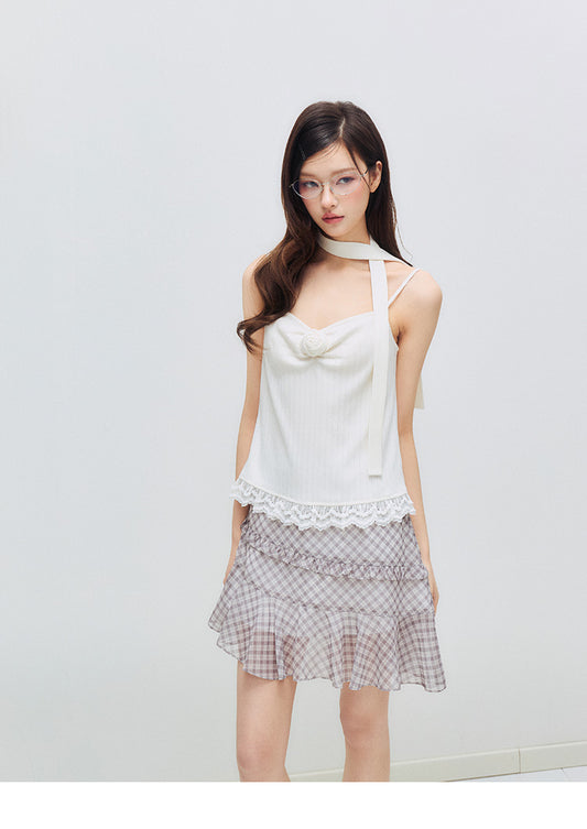 Ruffle-Trim Asymmetric Skirt In Diamond Check