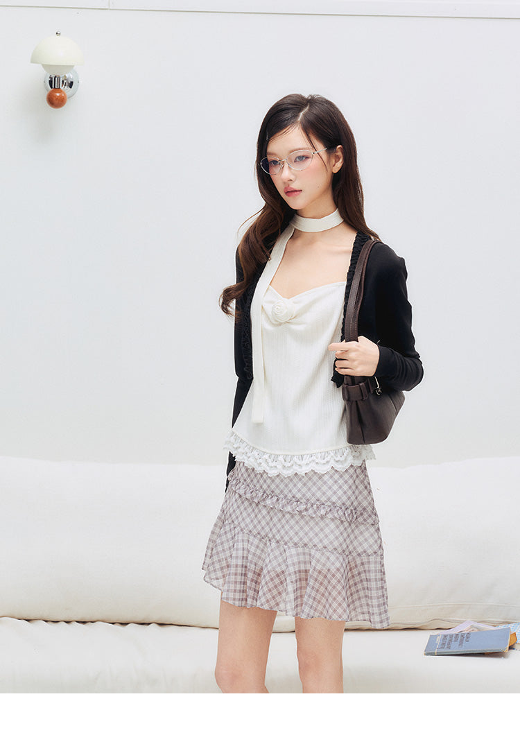 Ruffle-Trim Asymmetric Skirt In Diamond Check