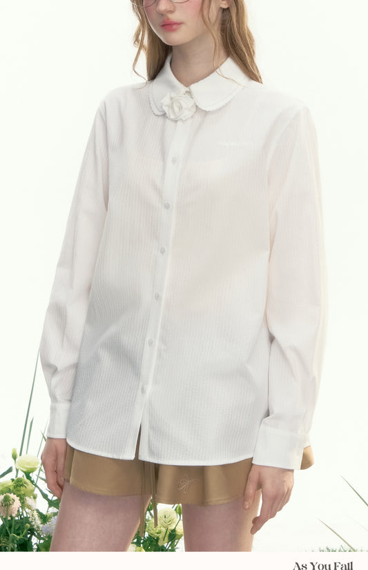 Double Collar Striped Shirt With Floral Accent