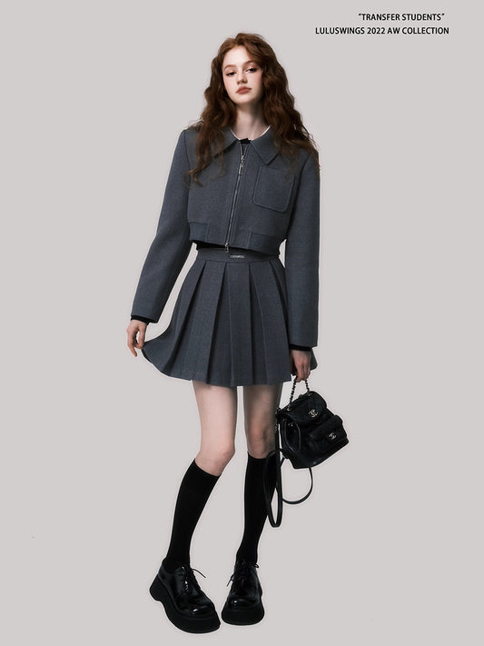 Double-Sided Zip Cropped Jacket & Pleated Skirt