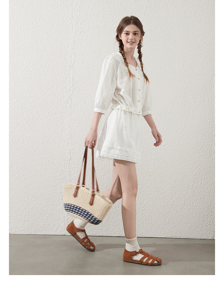 Doll-Collar Pintuck Blouse And Scallop Hem Skirt