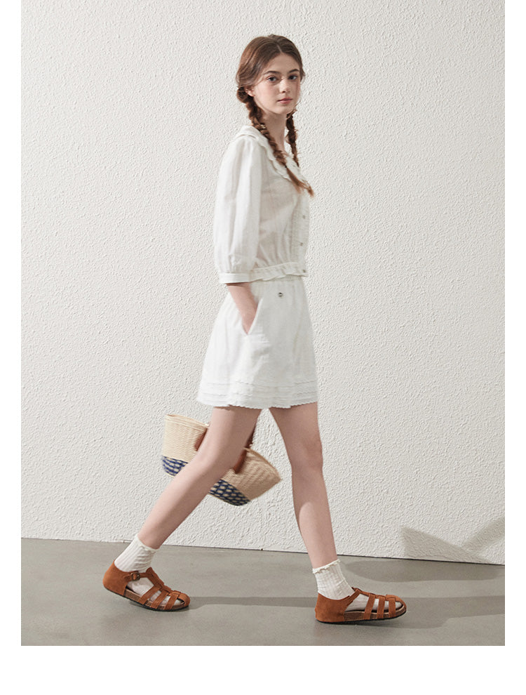 Doll-Collar Pintuck Blouse And Scallop Hem Skirt